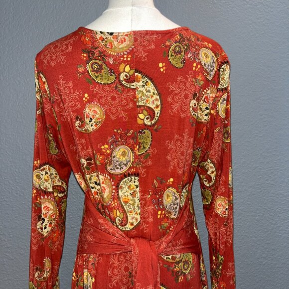 JOHNNY WAS PAISLEY PRINT DRESS STRETCH KNIT PULL OVER LONG SLEEVES SIDE SLITS -L - Picture 11 of 16